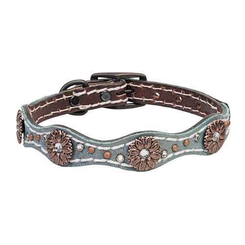 Weaver Leather Pet Savannah Dog Collar, Brown/Metallic Turquoise, 5/8 X 13-Inch