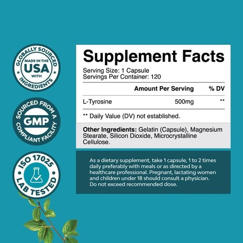 Free Form L Tyrosine 500mg Capsules - High Strength L-Tyrosine Supplement for Mental Energy and Focus Support - Amino Acid Nootropic Supplement for Mood Focus Attention and Cognitive Performance