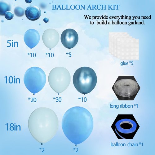 Felice Arts Boy's Birthday Blue Balloons Arch Garland Kit with Different Size Metallic Macaron Pastel Blue Balloon Arch Kit for Baby Shower Wedding Ocean Themed Party Decoration
