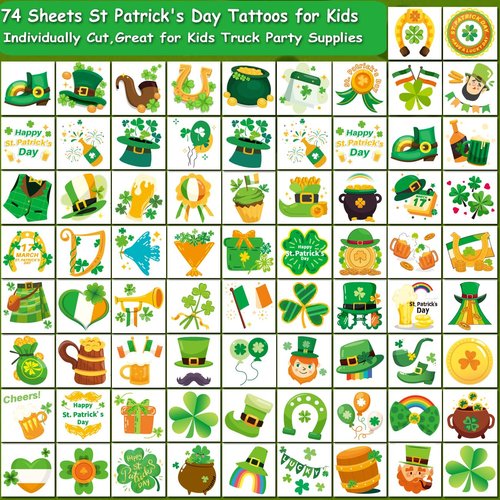 CHARLENT St Patrick's Day Temporary Tattoos for Kids Party Supplies - 74 Individually Sheets St. Patrick's Day Tattoos for Boys Girls Party Favors Goodie Bag Fillers