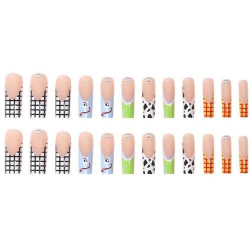 Foccna Long Press on Nails Pink Square French Fake Nails Summer Nails Purple Full Cover Bling Acrylic False Rhinestone Nails 3D Flower Design Square Nails for Women and Girls 24PCS (Square Nails 5)