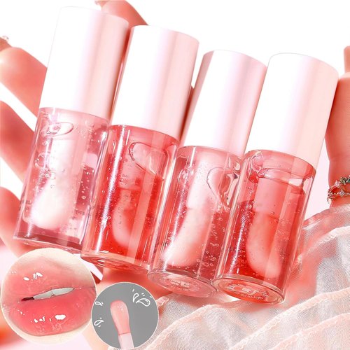Dulele 4PCS Fruit Flavoured Lip Oil Set, Moisturizing Plumping Lip Glow Oil, No-Sticky Lip Gloss Lip Balm, Hydrating Nourishing Lip Care for Women/Peach/Strawberry