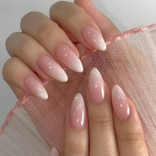 24PCS Press on Nails Almond Shaped Nails, Fake Nails Medium Long Stiletto Almond Press on Nail False Tips Acrylic Nails Glue on Nails Medium Length False Nails for Women and Girls(Gradient Glitter)