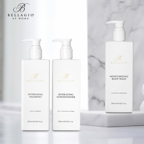 Bellagio Shower Set - Shampoo, Conditioner, Body Wash - Scented with Cedarwood, Green Mandarin, Lavender - Vegas Hotel Bath Amenities - 10 oz, White