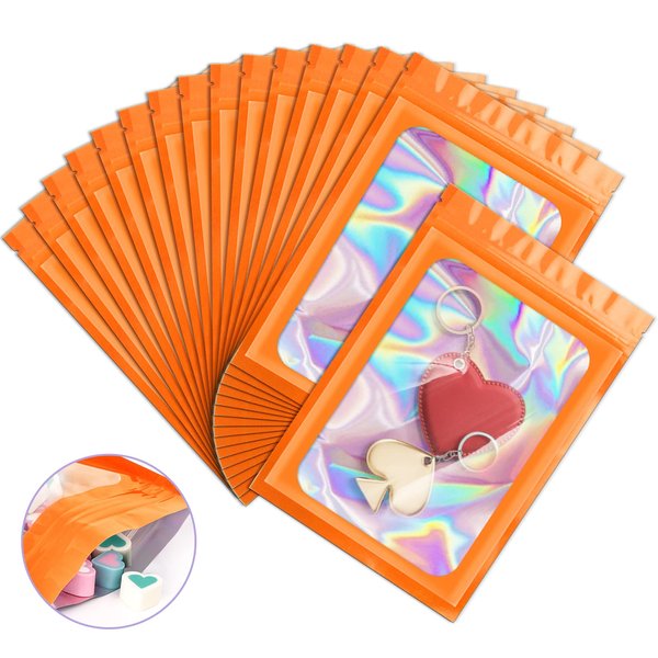 100 Pieces Resealable Bags, Holographic Packaging Bags, Resealable Odor Foil Pouch Zipper Bags with Clear Window for Food Storage and Lipgloss, Jewelry Lash (Orange, 4 x 6 Inch)