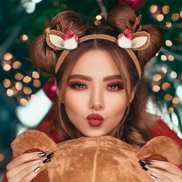 Outyua Reindeer Antlers Headband Christmas Headbands Elk Ears Headwear Deer Antlers Headband for Women Holiday Hair Band (Brown)