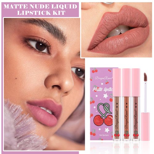 ZHISHUDL 3PCS Matte Nude Lipstick Set Liquid Lipstick Lip Gloss Set,Matte Velvety Lip Stick High Pigmented Lip Tint Lip Stain Set for Daily Makeups - Set D