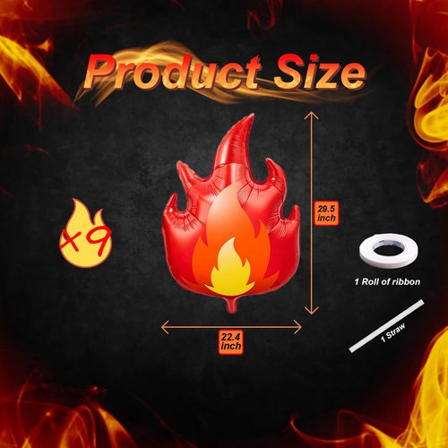 9 Pcs Fire Balloons 28 Inch Flame Balloons Decorations, Red Fire Balloons for Fireman Theme and Fire Truck Birthday Party Supplies