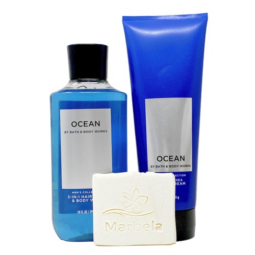 Bath & Body Works Men's Collection OCEAN - Duo Gift Set- 3 in 1 Hair, Face & Body Wash and Body Cream With a Natural Oats Sample Soap.