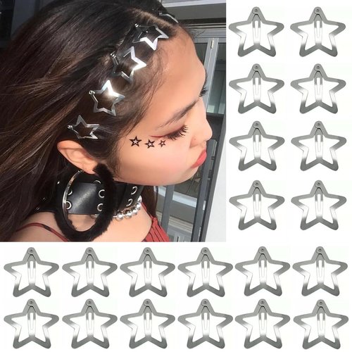 20 PCS 1.22 inches Star Hair Clips Snap Star Hair Barrettes Cute Lovely Accessories, Non Slip Star Clips for Girls Women 2000s Y2K Silver Metal Hair Clips