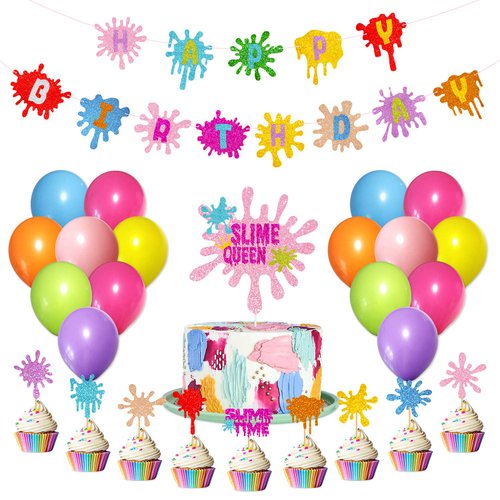 Slime Birthday Party Decorations Kit - Slime Queen Cake Topper Birthday Banner Cupcake Toppers Colorful Balloons for Kids Slime Party Baby Shower Party Supplies
