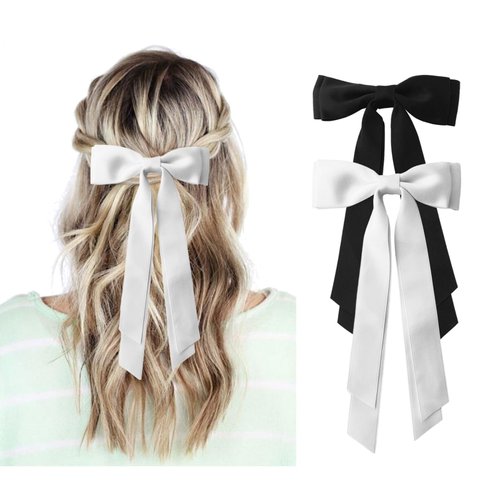 Black and White Hair Bows for Women - 2Pcs Silkly Satin Hair Ribbon Bow with Metal Clips Hair Accessories for Girls