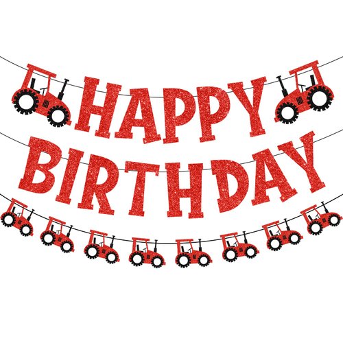 Tractor Themed Party Supplies Decorations, Farm Red Tractor Birthday Party Decoration, Red Glitter Happy Birthday Tractor Garland Banner for Kids Tractor Birthday Party