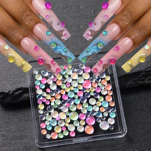 1 Box Colorful Bubble Beads Mermaid Nail Charms Aurora Pearls for Nails Mermaid Beads Nail Gems Half-Round Pearl Beads Flatback Rhinestones for Nails Small Glass Beads for Crafts Nail Art Accessories