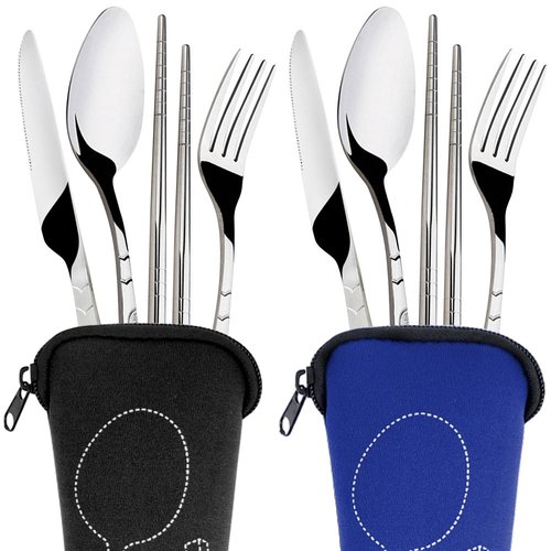 8 Pieces Flatware Sets Knife, Fork, Spoon, Chopsticks, SENHAI 2 Pack Rustproof Stainless Steel Tableware Dinnerware with Carrying Case for Traveling Camping Picnic Working Hiking(Dark Blue,Black)