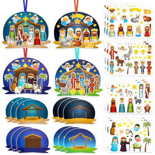 HOWAF Christmas Nativity Scene Craft Kits Religious Christmas Stickers Make Your Own Nativity Scenes Ornament, DIY Jesus Birth Crafts for Xmas Holiday Activity Party Supplies 12 Sets