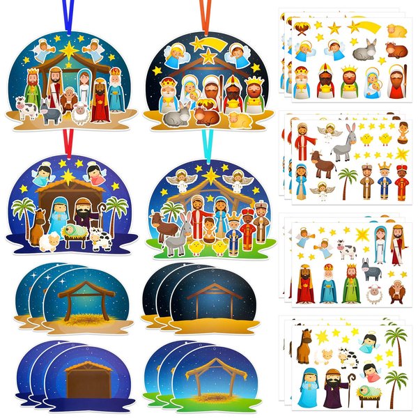 HOWAF Christmas Nativity Scene Craft Kits Religious Christmas Stickers Make Your Own Nativity Scenes Ornament, DIY Jesus Birth Crafts for Xmas Holiday Activity Party Supplies 12 Sets