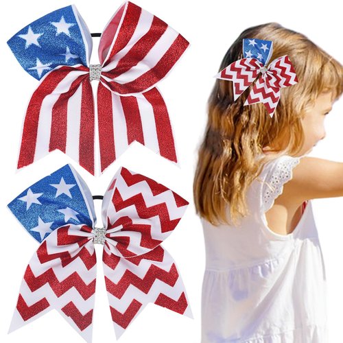 4th of July Cheer Hair Bows Streak and Star Patriotic Cheerleader Hair Bows Hair Tie Band Indepen...