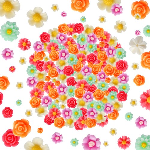 HLTOO 100PCS Mini Flower Resin Beads, Flatback Daisy Flower Charms, Mixed Colors Jewery Embellishments, for DIY Craft Scrapbooking Decorations, Phone Case Making, Hair Clips
