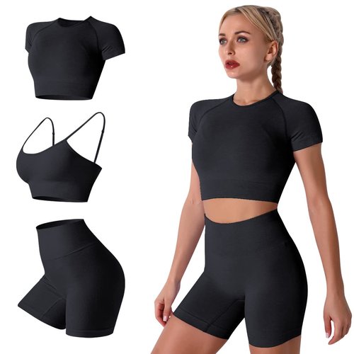 IWEMEK Workout Sets for Women 3 Piece Seamless Gym Outfits Adjustable Strap Spor Bra Short Sleeve Crop Top Compression T-shirt Tummy Control High Waist Biker Shorts Sets Tracksuit 3pcs-Black Medium