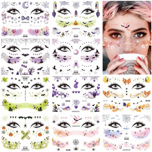Uranian Halloween Temporary Tattoos Face Freckle Makeup Tattoos Cobweb Spider Bat Ghost Tattoo Stickers Cute Face Makeup Decals Halloween Fake Tattoos for Women