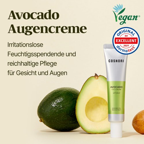 COSNORI Avocado Eye Cream - Nourishing Eye and Face Cream - with Organic Avocado and Rice Bran Extract – Korean Skincare – Anti Wrinkle and Depuff – Irritation Free Formula, 1.01 oz.