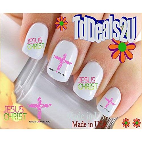 General Nail Decals - Jesus Christ Pink Cross WaterSlide Nail Art Decals - Salon Quality - DIY Nail Manicure