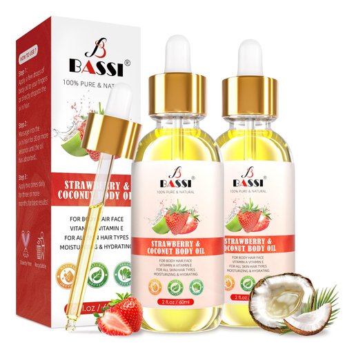BASSI 2PCS Organic Coconut Oil Strawberry Moisturizing Body Oil with Vitamin E, Bath Oil for Dry Skin Hydrating, Body Oil, Relaxing Massage Oil, Hair Oil, Carrier Oil for Essential Oils, 2 fl oz/pc