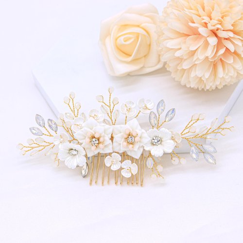 Oriamour Handmade Wedding Hair Comb Bridal Hair Accessories With Ceramics Flower,Flower Bridal Hair Clip Side Combs Hair Pieces for Wedding (Gold)