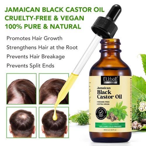 ELBBUB Jamaican Black Castor Oil - for Hair Growth Skin Condition, Eyebrows Eyelashes, Nail Care Grow, Moisturizing Massage Oil for Aromatherapy 2 fl oz