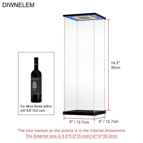 DIWNELEM Acrylic Wine Bottle Display Case with LED Light Display Stand Wine Display Case Protector Dustproof for Red Wine,Champagne,Liquor,Whiskey,Beer,Beverage Bottle (5*5*14.2")