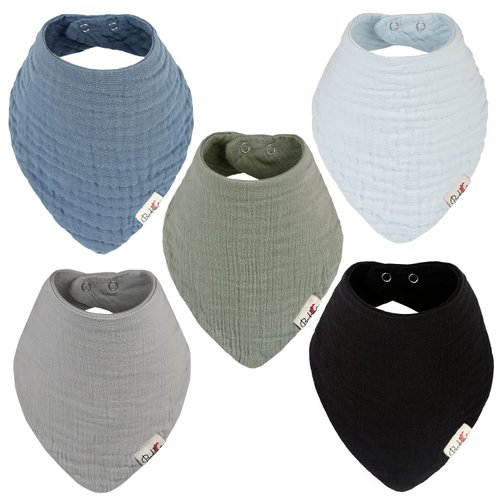 Bedeca Muslin Baby Bibs, 100% Organic Cotton Baby Bandana Drool Bibs for Boy and Girls, Unisex Newborn Bibs, 5 Solid Colors Set for Teething and Drooling