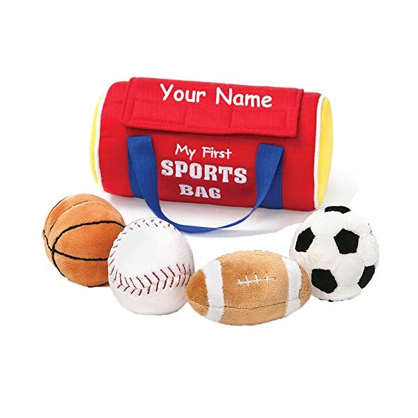 The Trendy Turtle Personalized My First Sports Bag Stuffed Plush Playset with Mini Plush Basketball Baseball Football and Soccer Ball - 8 Inches RED