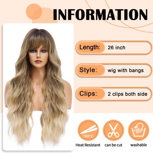 Blonde Wig with Bangs Long Curly Wigs for Women 26 Inch Dirty Blonde Curly Wavy Wigs with Dark Roots Synthetic Heat Resistant Curly Wig for Daily Party Use