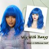 noxozoqm Short Blue Bob Wig with Bangs for Women Wavy Synthetic Wigs with Natural Shoulder Length Curly Heat Resistant Hair for Daily Party Use