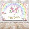 MEHOFOND 8x6ft Glitter Rainbow Bunny Girl Happy Birthday Party Decorations Backdrop Floral Gold Glitter Magical Rabbit Spring Easter Photography Background Photo Banner Poster for Cake Table Supplies