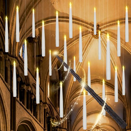 Mzmaxy Floating Candles with Wand, Christmas Decoration 24PCS Magic Flickering Warm Light Flameless Floating LED Candles with Wand Remote, Taper Hanging Candle Set for Christmas Decor Xmas Gift
