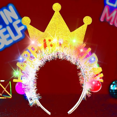 GENBREE Light Up Happy Birthday Headband Birthday Crown Ball Hair Band Party Festival Hair Accessories for Women (Gold)