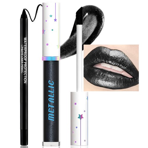 Wugbc Metallic Liquid Lipstick and Lip Liner Combo, Highly Pigmented Long Lasting Lip Gloss for Women Makeup Set Halloween Goth Cosplay Glitter Non Stick Cup Black Lip Color Waterproof Smudge Proof