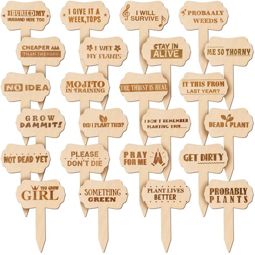 24 Pieces Funny Plant Markers Wooden Plants Labels T-Type Garden Labels Wooden Plant Markers for Vegetable Flowers Garden Potted Plants