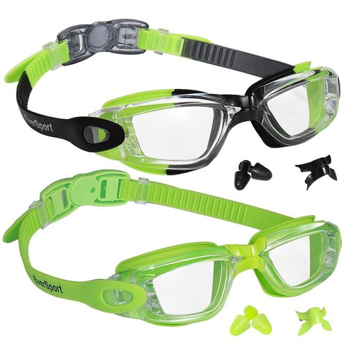 EverSport Kids Portable Swim Goggles, Pack of 2 Swimming Goggles for Children Teens, Anti-Fog Anti-UV Youth Swim Glasses Leak Proof for Age4-16, Green/Black & Green