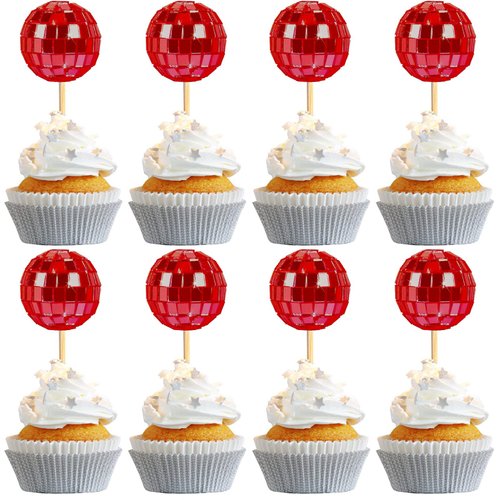 24 PCS Red Disco Ball Cupcake Toppers, Disco Ball Cupcake Picks, Mini Disco Ball Cake Toppers Disco Theme Cake Decorations for Disco Theme Party 70s Disco Party Decorations