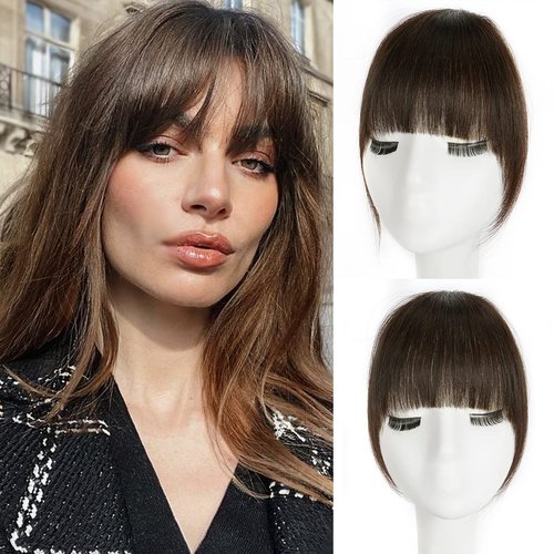 Clip in Bangs 100% Real Human Hair Thick Bangs Clip on Hair Bangs for Women Fringe with Temples Natural Bangs Hair Clip Extension for Daily Wear (Dark Brown)