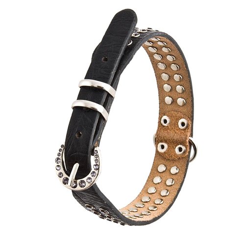 Crazy4Bling Black Leather Dog Collar with Grey Rhinestones & Round Rhinestone Buckle, Small