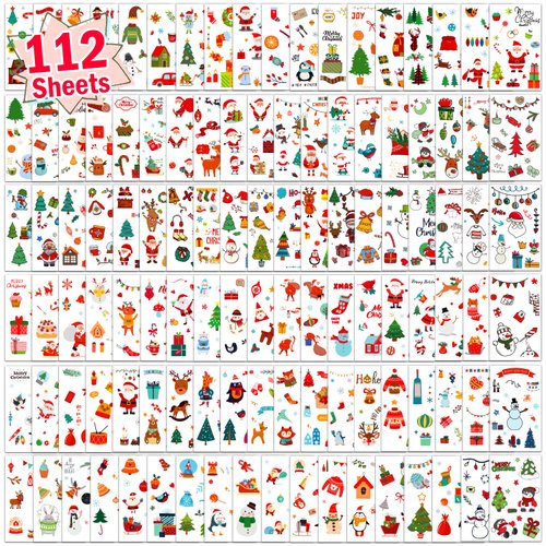 Partywind 112 Sheets (1200 Styles) Kids Temporary Tattoos for Christmas, Christmas Holiday Party Supplies Favors, Xmas Stocking Stuffers, Goodie Bags Fillers Toys for Boys and Girls