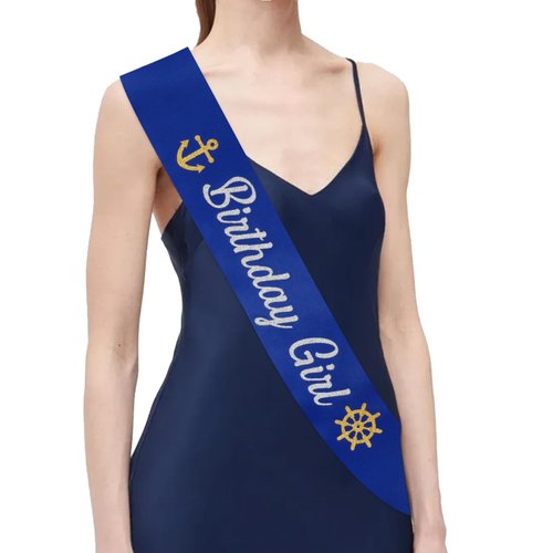 Serencatcher Nautical Birthday Sash, Navy Blue Birthday Girl Sash with Glitter Anchor Rudder Printing for Nautical Birthday Party Supplies Anchor Birthday Decorations Boat Party Favors Gifts