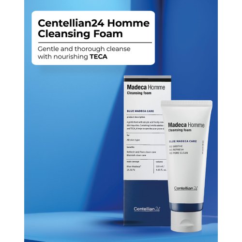 CENTELLIAN 24 Christmas Gifts Homme Cleansing Foam with TECA and Centella Asiatica for Soothing - Gentle Daily Face Wash & Shave for Men for Sensitive Acne-Prone Oily Skin (4.05 fl oz)