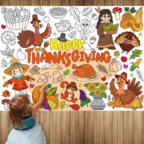 Kepeel Thanksgiving Coloring Poster, Giant Paper Coloring Banner Tablecloth for Kids Indoor Arts Crafts Activity, Coloring Table Cover Banner for Thanksgiving Party Supplies