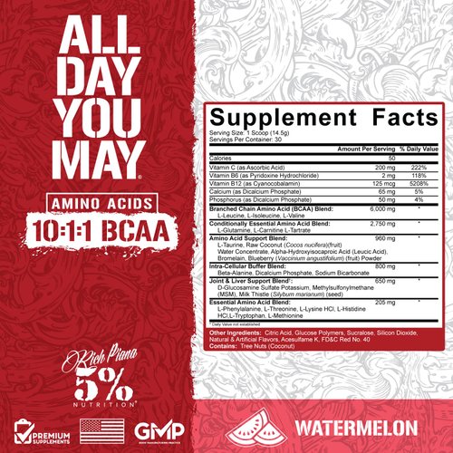 5% Nutrition Rich Piana AllDayYouMay BCAA Powder | Premium Intra & Post Workout Amino Acids, Hydration, Endurance, Muscle Recovery, Joint & Liver Support | 15.3 oz, 30 Servings (Watermelon)