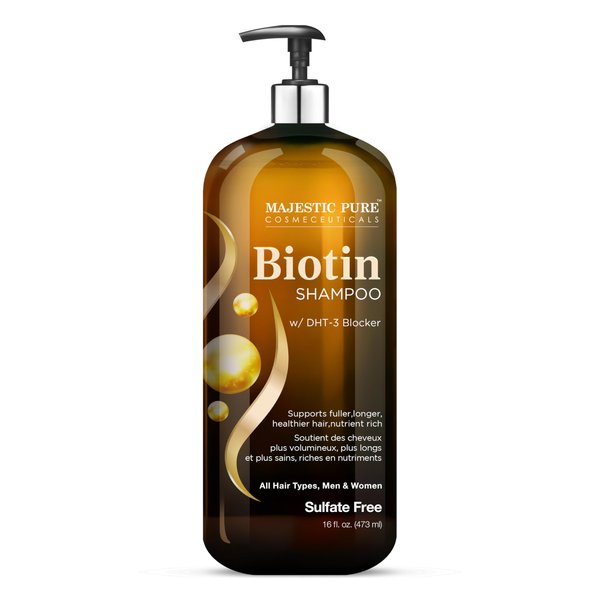 Majestic Pure Biotin Shampoo for Hair Growth - Volumizing Shampoo for Hair Loss - with DHT-3 Blocker - Hydrating & Nourishing - Sulfate Free, for Men & Women - Thin Hair Shampoo - 16 fl oz